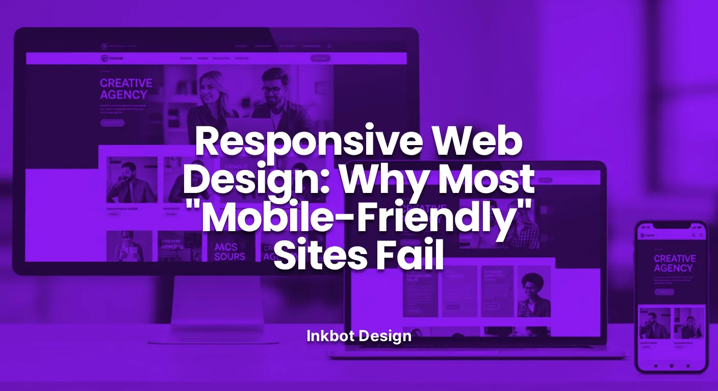 Purple-Tinted Collage Of Desktop, Laptop, And Phone Screens Showing A Website With A Bold Headline About Responsive Design.
